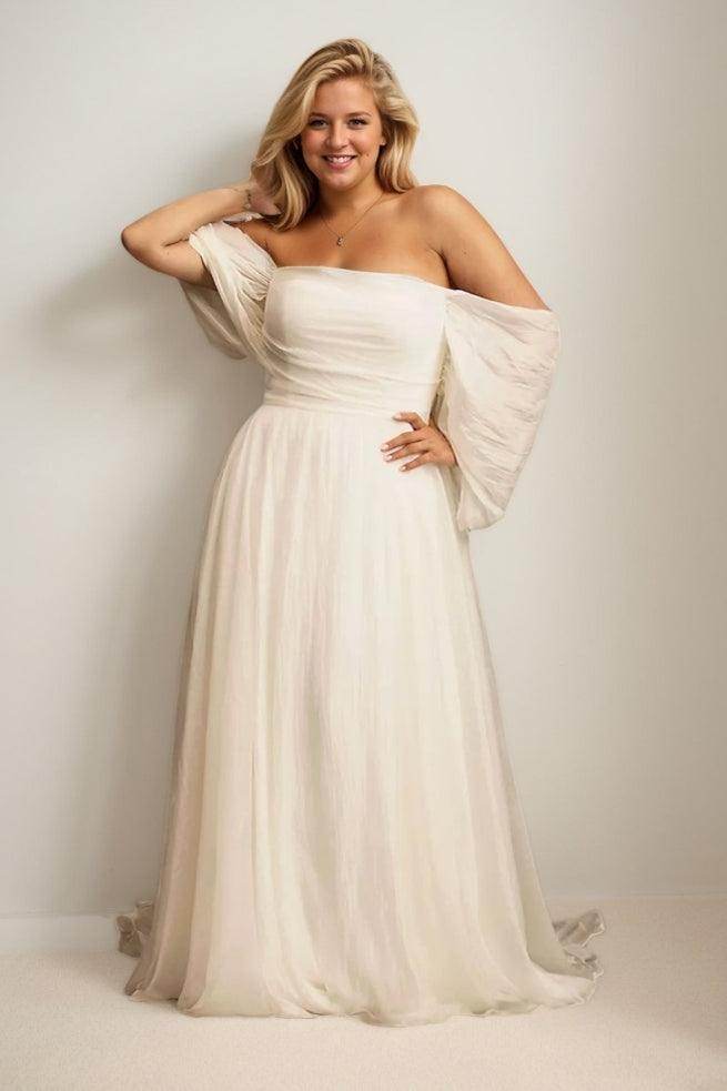 A-Line Sweep-Brush Train Chiffon Wedding Dress CW3471 - COCOMELODY